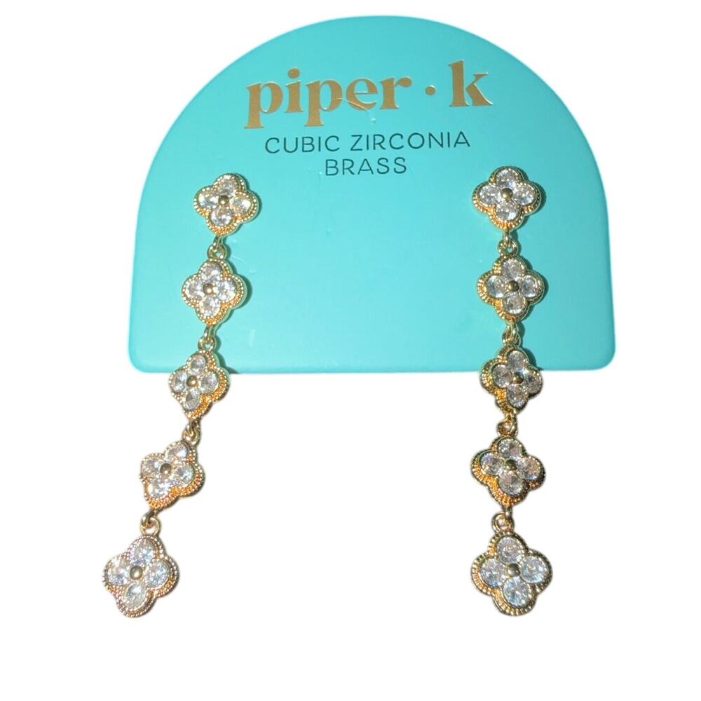 Piper K Gold Brass Cubic Zirconia Clover Long Drop Dangle Earrings NWT